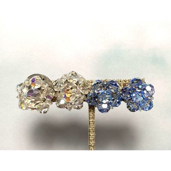 Vintage Clip Ons Clips Earrings Beaded Two Pairs Lot AB Crystals - Picture 2 of 16